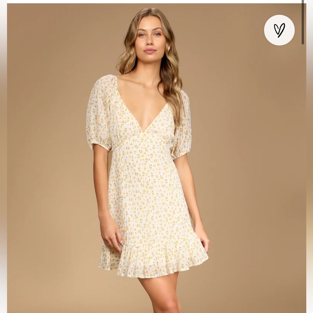 Lulu's Cream Floral Mini Dress with Yellow Print